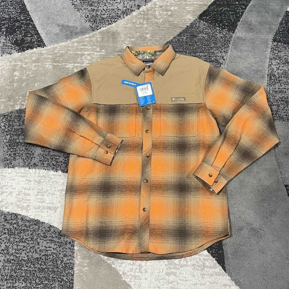 Columbia‎ PHG Roughtail Shirt Men Small Orange Brown Plaid Utility Outdoors NEW